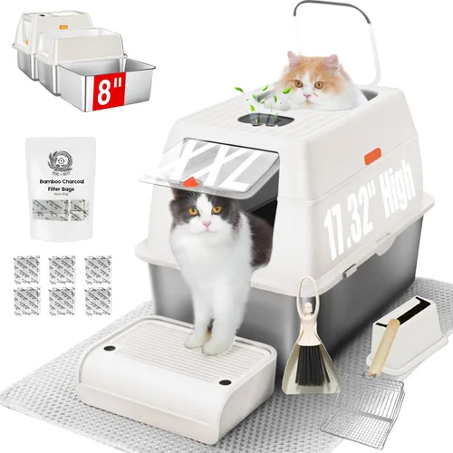 Miniatura 11 de Caja de arena XL de acero inoxidable con tapa, caja de arena de metal completamente cerrada de 6" de profundidad para gatos, a prueba de fugas