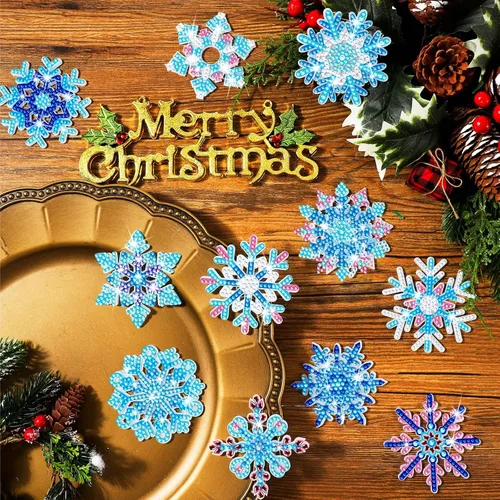 Miniatura 7 de BBTO 15 piezas de llavero de pintura de diamante de invierno con copos de nieve, adornos de pintura de diamante 5D DIY llavero de pintura