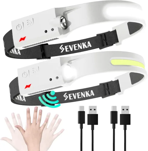 SEVENKA 2 faros recargables, linterna LED brillante de 1000 lúmenes, haz ancho de 230° y luz puntual, sensor de movimiento, faros delanteros ligeros