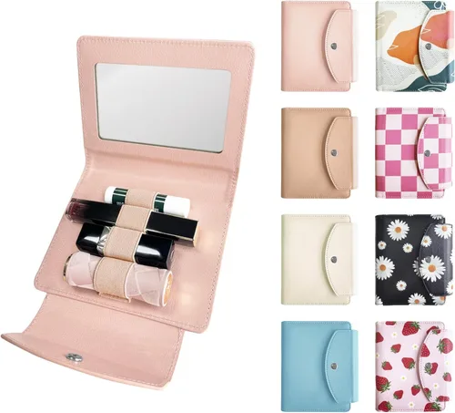 Estuche de lápiz labial de PU con espejo, con capacidad para 4 lápices labiales largos, organizador de maquillaje, estuche de viaje para cosméticos,