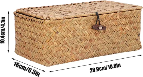 Miniatura 5 de Cesta de almacenamiento de hierba marina natural, cesta rectangular tejida de ratán natural con tapas, organizador de escritorio, cesta decorativa