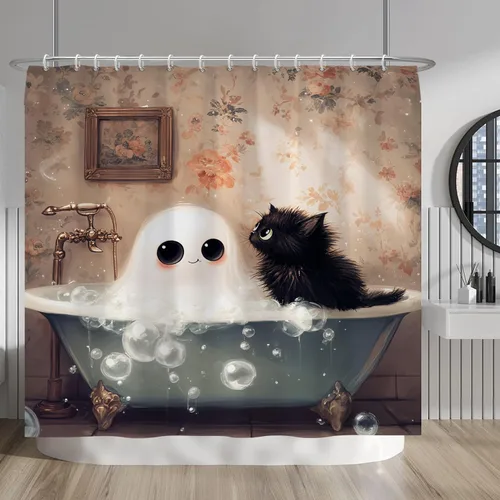 Miniatura 28 de Cortina de ducha de fantasma y gato negro para niños, 36 x 72 pulgadas, espeluznante y bonita, cortina de baño de Halloween con 6 ganchos, cortina