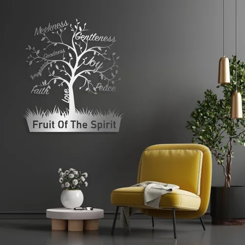 Miniatura 7 de Cadeali Arte de pared de metal con árbol de fruta del espíritu, decoración de pared de metal con versículo bíblico, letrero de Gálatas 5:22-23, obra