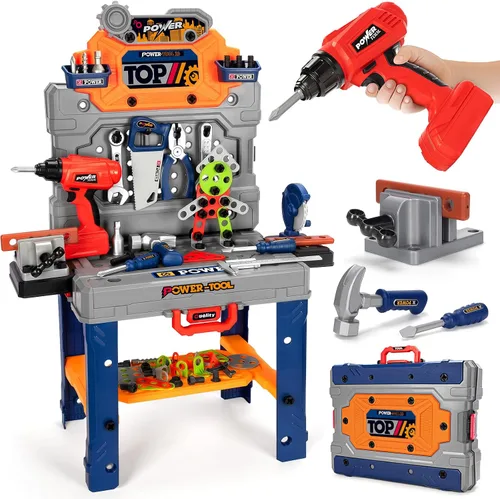 Miniatura 8 de Juego de banco de herramientas para niños con taladro eléctrico y herramientas realistas, juego de banco de trabajo de construcción para niños