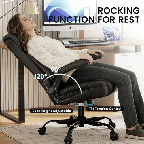 Miniatura 7 de COMHOMA Silla de oficina de cuero, silla de escritorio para computadora con brazos abatibles y respaldo ergonómico, silla ejecutiva resistente