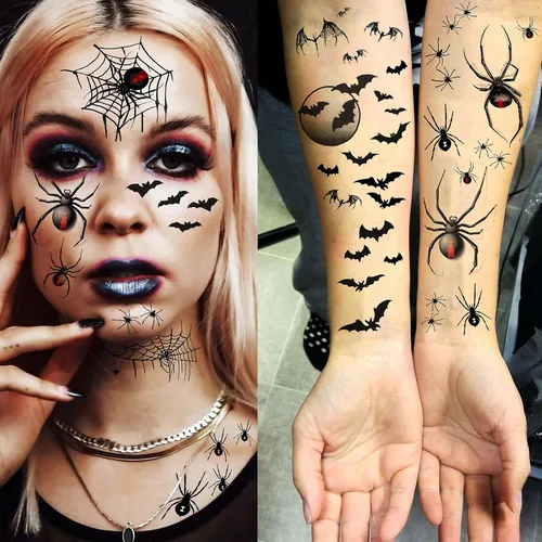 Miniatura 2 de VANTATY 9 hojas de calcomanías de tatuaje de telaraña de Halloween, manga temporal de tatuaje de murciélago medio brazo para mujeres, hombres, Negro