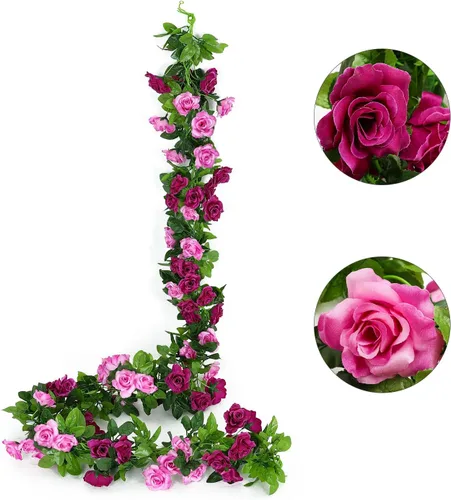 Miniatura 11 de JUSTOYOU Paquete de 2 guirnaldas de rosas falsas (15.8 pies), rosas artificiales, enredaderas, guirnalda de flores para colgar, vid floral, boda