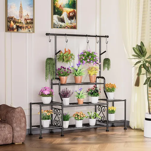 Miniatura 4 de GIOTORENT Soporte alto de metal para plantas de 3 niveles para interiores y exteriores, estante resistente para plantas para jardín, patio, balcón