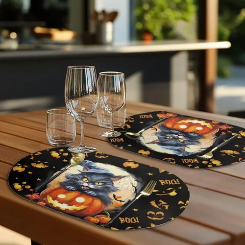 Miniatura 7 de Pumpkin Placemats Oval Placemats Set of 2 Black Cat Table Mats for Dining Tables Washable Heat Resistant Place Mats for Holiday Party Use 12X18 Inch