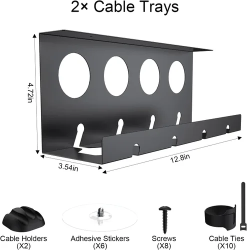 Miniatura 5 de Organizador de cables debajo del escritorio, paquete de 2 bandejas de metal súper resistentes para cables y regletas de alimentación (12.6 pulgadas)