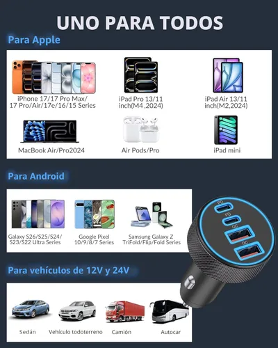 Miniatura 5 de [4 en 1] Cargador de Coche USB C, Adaptador de Encendedor de Cigarrillos de Carga Súper Rápida de 4 Puertos 90W, Dual 45W USBC y USB-A Multipuerto