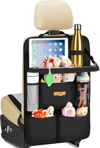 SURDOCA Organizador de asiento trasero de coche con bandeja plegable para niños y adultos – NUEVO MODELO Almacenamiento de asiento con bolsillo para