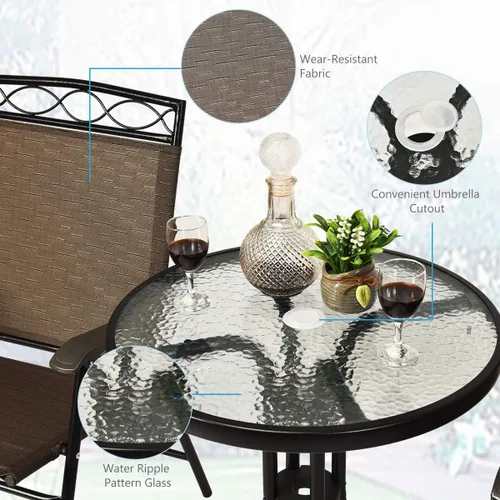 Miniatura 4 de S AFSTAR Juego de muebles de comedor de 3 piezas, mesa redonda de vidrio texturizado con agujero para paraguas, juego de conversación al aire libre