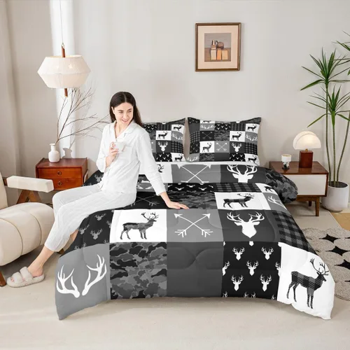 Miniatura 152 de Juego de edredón de cuernos de ciervo tamaño individual, juego de ropa de cama rústica de granja con huellas de oso y pinos para decoración
