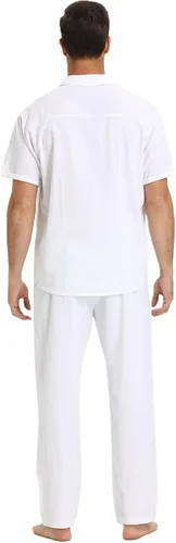 Miniatura 3 de RPOVIG Conjunto de camisa de lino y pantalones: conjuntos de lino de 2 piezas para hombre, camisas de manga corta, pantalones de yoga, trajes