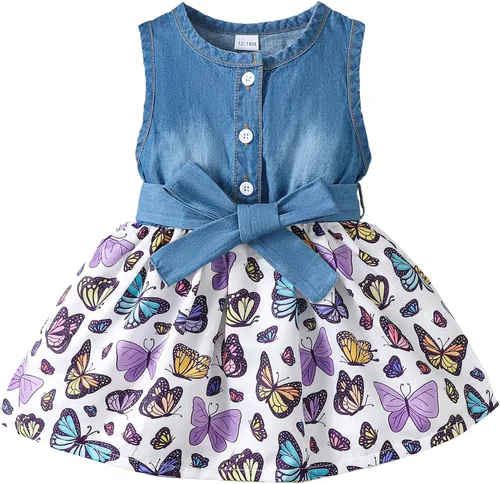 Saeaby Vestido de niña pequeña, ropa de verano para niña, vestido sin mangas, vestido de mezclilla con flores, vestidos lindos para niña