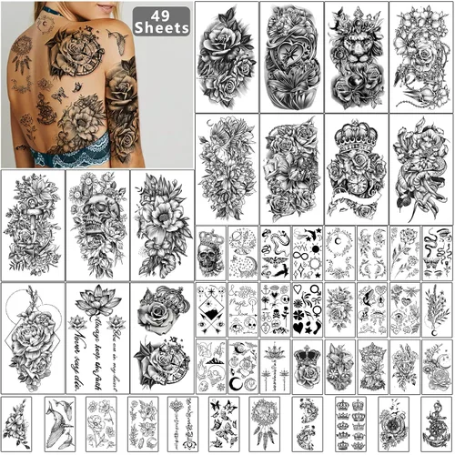 Yazhiji 49 hojas de flores grandes Butterfies corona, tatuajes temporales impermeables para mujeres y niñas, tatuajes falsos para niños o adultos,