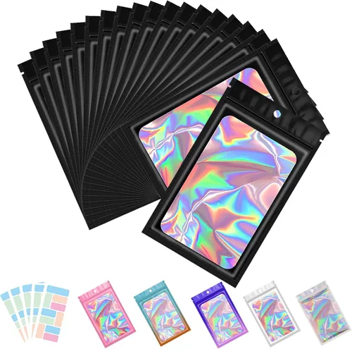 Miniatura 11 de Paquete de 100 bolsas de Mylar con ventana transparente, holográficas, a prueba de olores, para pequeñas empresas, bolsas resellables