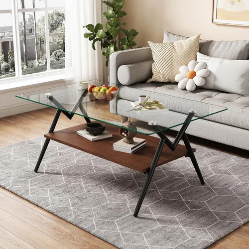 Miniatura 8 de Mesa auxiliar rectangular contemporánea de cristal con patas de metal cruzadas en ángulo para sala de estar, elegante mesa auxiliar de vidrio