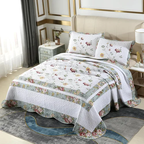 Miniatura 28 de Juego de edredón azul floral con patrón de bordado 3D de 2 piezas, 100% algodón, reversible, acolchado bordado decorativo, cubrecamas, juego