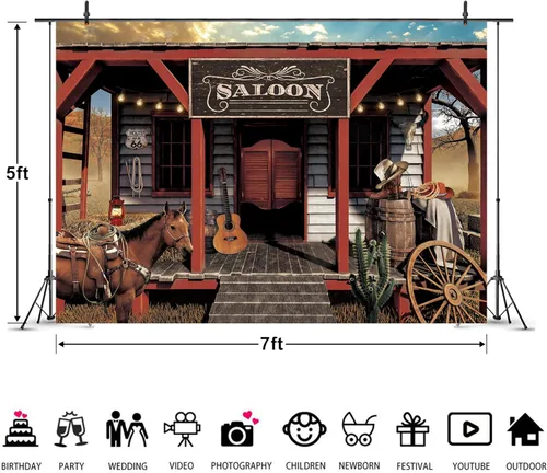 Miniatura 3 de Telón de fondo vintage vaquero occidental 2.1x1.5 m puerta de granero de madera rural para bar de país, salón, caballo, oeste salvaje, tela