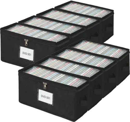 Miniatura 10 de Paquete de 2 cajas de almacenamiento de tela para DVD con tapa de PVC transparente, capacidad para 25 fundas de DVD estándar, tela no tejida