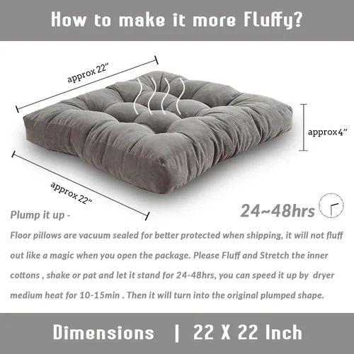 Miniatura 2 de Sexysamba Cojines cuadrados de asiento de suelo de 22" x 22", cojín de yoga suave y grueso, para meditación, puf de pana copetuda, tatami, cojín