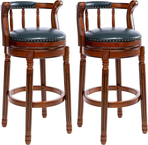 Miniatura 11 de RAINMOOD Juego de 2 taburetes de bar, taburete tapizado de cuero de grano completo, silla de bar negra con respaldo, patas de madera maciza