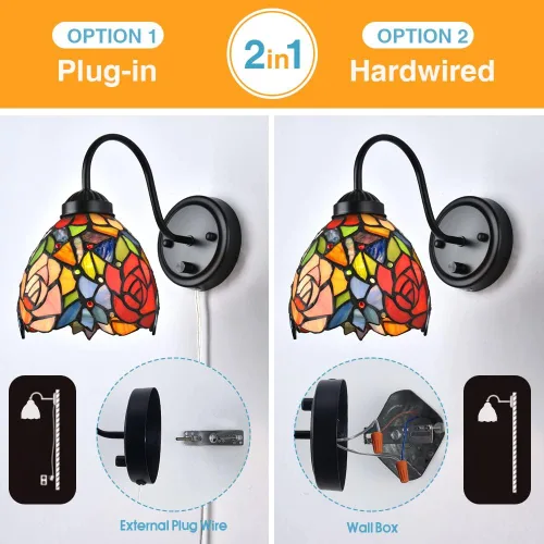 Miniatura 4 de Tiffany - Lámpara de pared para mesita de noche con interruptor regulable, aplique de pared de cuello de ganso vintage industrial con cable