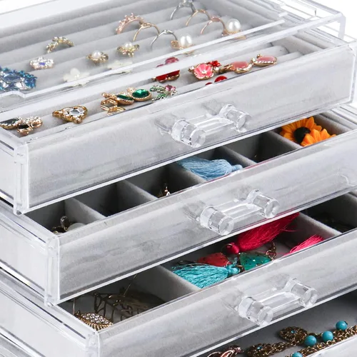 Miniatura 5 de Weiai Organizador de joyas acrílico caja de joyería transparente con 4 cajones vitrina de terciopelo para almacenamiento aretes anillos collares