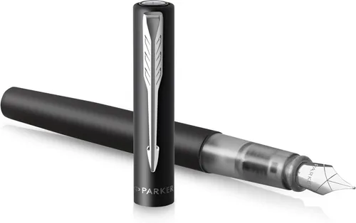 PARKER Pluma estilográfica Vector XL | Laca negra metálica sobre latón | Punta mediana con recarga de tinta azul | Caja de regalo