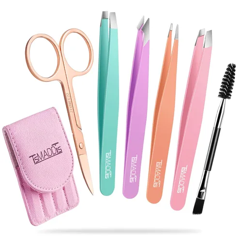 Miniatura 9 de TsMADDTs Juego de pinzas y tijeras curvas, pinzas profesionales de acero inoxidable para mujeres y hombres, paquete de 6 pinzas de precisión