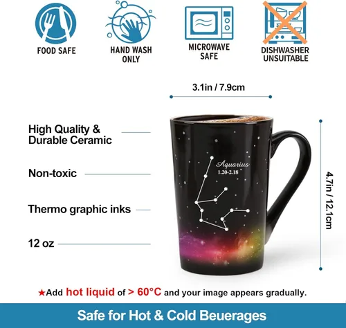 Miniatura 3 de Taza de constelación cambiante de calor de Acuario de 12 onzas, taza de café de Acuario con grabado, taza de café de cerámica que cambia