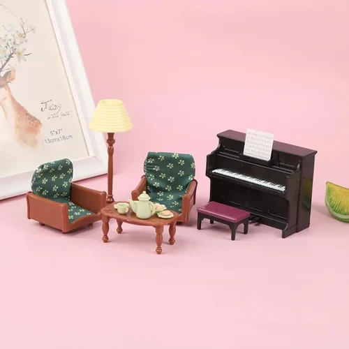 Miniatura 6 de Juego de Casa de Muñecas Familiar para Sala de Estar — Piano con Banco y Partitura, Dos Sillones, Mesa de Centro, Lámpara de Pie y Juego de Té