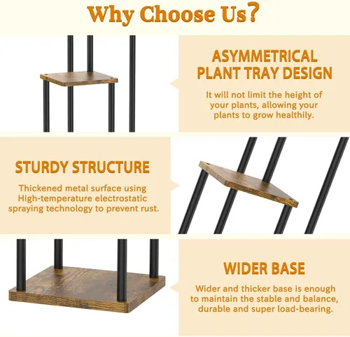 Miniatura 4 de Oppro Soporte para plantas de 3 niveles para interiores, soporte de esquina de metal de madera escalonada, soporte para macetas, estante de madera