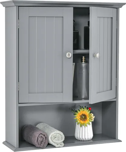 Tangkula Armario de pared de baño, armario colgante de madera con puertas y estantes, gabinete de almacenamiento multiusos para aseo, cocina, sala
