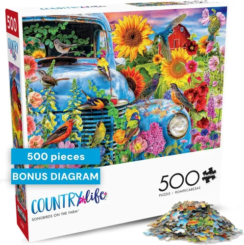 Buffalo Games - Pájaros cantores en la granja - Lars Stewart - Rompecabezas de 500 piezas para adultos - Pájaros coloridos y flores - Rompecabezas
