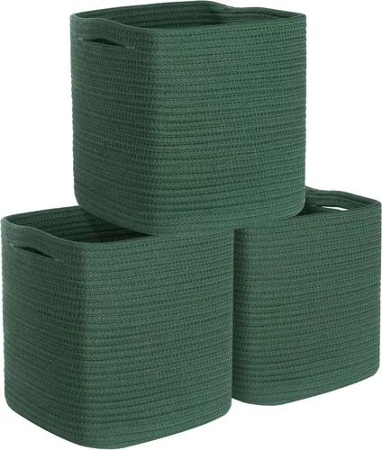 Miniatura 12 de MINTWOOD Design Paquete de 3 cubetas de almacenamiento de 11x11 pulgadas, organizador tejido, lindas cubetas cuadradas para clóset, canastas Negro