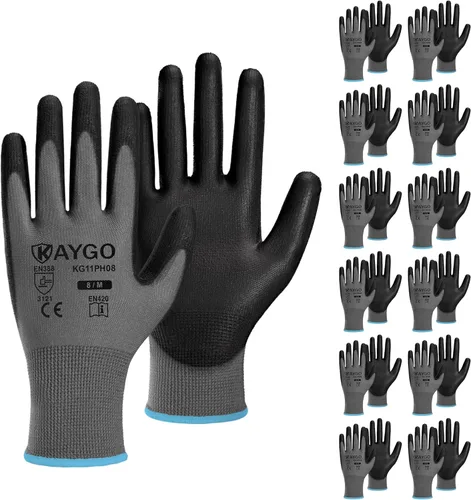 Miniatura 35 de KAYGO KG11PB - Guantes de seguridad con revestimiento delgado de poliuretano, tejido sin costuras, agarre suave en palma y dedos, para trabajo Verde