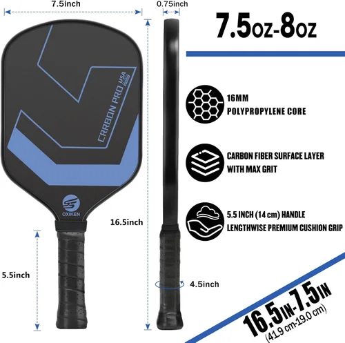Miniatura 4 de OXIKEN - Paletas de pickleball de 0.630 in 2026 aprobadas por USAPA T700 de fibra de carbono (CFS), grano alto y giro, núcleo de panal, mango Azul