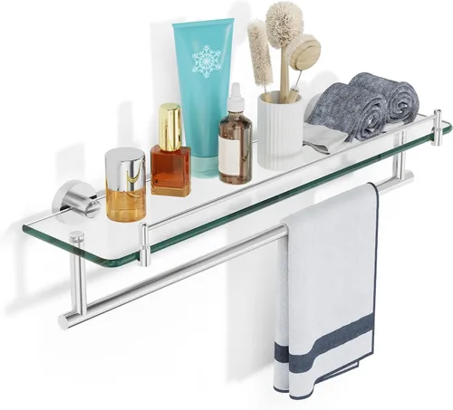 Miniatura 9 de Estante de baño flotante de vidrio templado con toallero, níquel cepillado y acero inoxidable, montaje en pared de 16 pulgadas