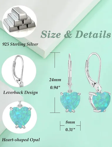 Miniatura 6 de Vesitim Solitaire WhiteBluePinkGreen Opal Dangle Earrings 925 Sterling Silver Heart-Shaped Opal Jewelry for Women Gift
