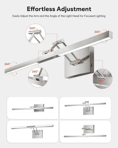 Miniatura 4 de VONLUCE Luz LED de Tocador de Baño de 24", Luces LED Modernas de Tocador 3CCT con Cabezal Giratorio de 360° y Brazo Oscilante, Lámpara de Baño