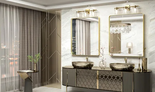 Miniatura 2 de TokeShimi Espejo de baño dorado para pared de 30 x 36 pulgadas, espejo rectangular de esquina redondeada de metal, marco de metal, diseño profundo