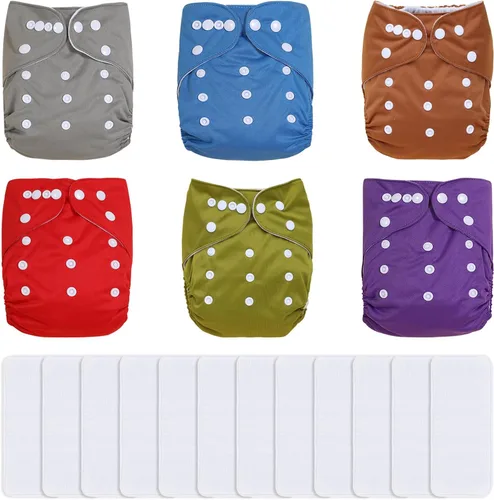Miniatura 24 de TDIAPERS Pañales de tela reutilizables, lavables, de bolsillo, talla única, ajustable para pañales de tela a presión, paquete de 6 con 6 insertos