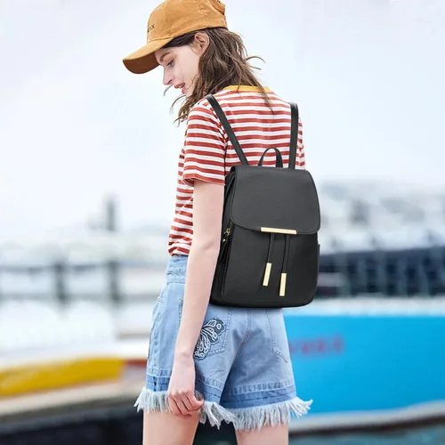 Miniatura 2 de KKXIU - Mochila de cuero de moda para mujeres y damas, bolsa de viaje y para el día, con correa para los hombros, A-Negro, Mediana, Mochila