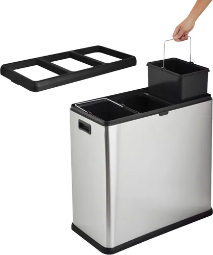 Miniatura 3 de Step N' Sort OPN603 - Cubo de basura y reciclaje de 16 galones, 3 compartimentos, color plateado