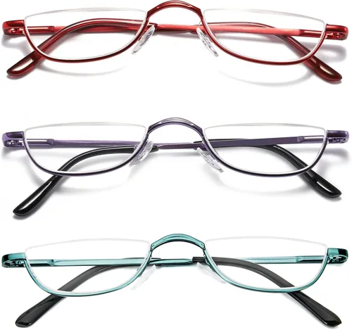Miniatura 10 de DXYXYO Lentes de lectura de media luna para mujeres y hombres, pequeños lectores de bisagra de resorte de metal con marco semimonar
