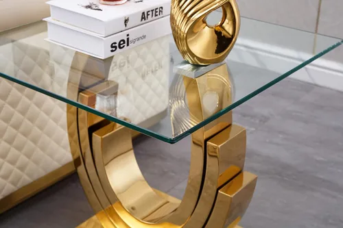 Miniatura 129 de Mesa de centro de cristal de lujo, mesa de centro de sofá de 47 pulgadas con marco de acero inoxidable dorado y parte superior de vidrio negro, mesa