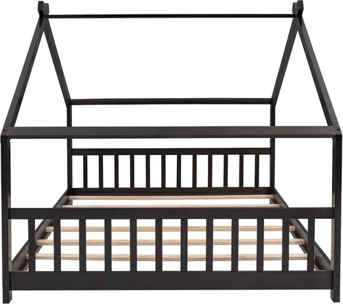 Miniatura 5 de P PURLOVE Cama de casa de tamaño matrimonial para niños, adolescentes, cama de piso para niños pequeños con techo y listones, cama de plataforma